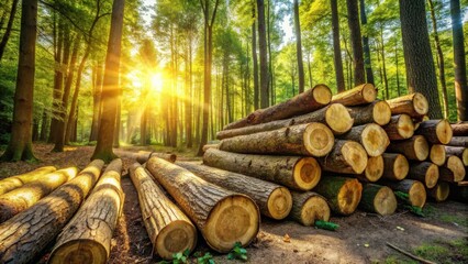 Poster - Golden Hour Lumber Pile in a Sun-Dappled Forest