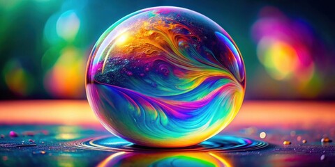 Aufkleber - A vibrant sphere of iridescent swirls rests on a reflective surface, showcasing captivating color blends and a mesmerizing fluid design.