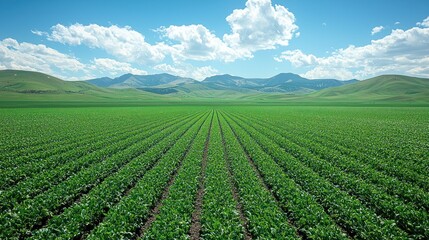 Wall Mural - Green field under blue sky with mountains.