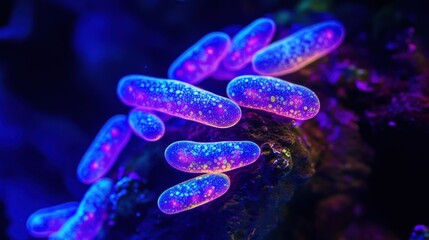 Leinwandbilder - Microscopic observation of glowing bacteria illuminated by UV light in a dark environment. Generative AI