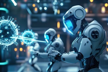 Fototapete - Robots neutralizing viruses in a high tech laboratory setting with advanced technology. Generative AI