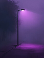 Streetlight soft purple glow along misty pathway eerie atmospheric fog mysterious tranquil scene deep night shadow wall art decor home dusk calm soft wallpaper visual twilight dramatic magical surreal