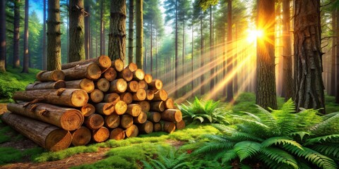 Poster - Sunbeams illuminate a pile of harvested logs nestled amongst lush ferns in a vibrant forest