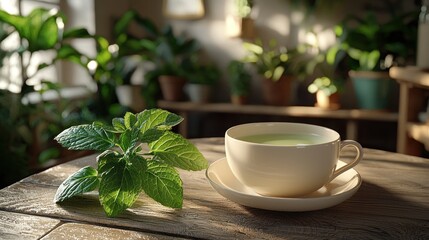 Wall Mural - Herbal tea with mint on wooden table, plants in the background.