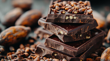 A shot of rich dark chocolate bars sprinkled with cocoa nibs and surrounded by freshly harvested cocoa beans