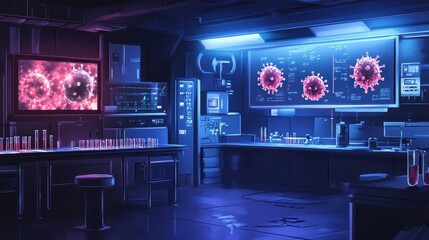 Fototapete - Modern laboratory equipped with test tubes and glowing monitors displaying virus imagery during a research session. Generative AI