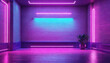 © MDNAJIMODDIN - Neon-lit empty room, studio vibrant purple and blue lighting, brick walls, tiled floor, high contrast, dramatic shadows, cinematic background. Generative AI