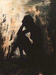 Aufkleber - Person in shadow reflecting mental turmoil through abstract elements in a darkened space. Generative AI