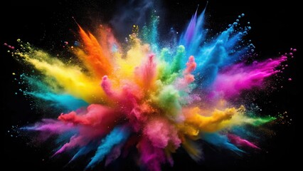 Leinwandbilder - A vibrant explosion of multicolored powder against a stark black background, showcasing a dynamic and artistic spectacle of color and movement