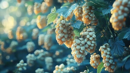 Wall Mural - hops clusters with blue leaves in sunlight.