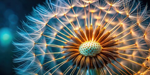 Poster - Close-up view of a dandelion seed head, showcasing the intricate details of its delicate structure and warm, golden hues against a cool blue backdrop.