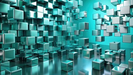 Aufkleber - Abstract Teal Metallic Cubes Floating and Stacked in a Room