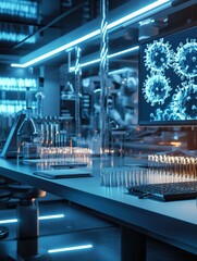 Aufkleber - Modern laboratory showcasing advanced virus research with glowing monitors and detailed test tubes under bright blue lighting. Generative AI