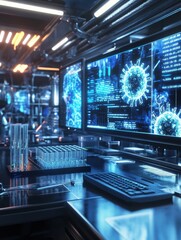 Leinwandbilder - Modern laboratory equipped with glowing monitors and test tubes focused on virus research and analysis. Generative AI