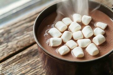 A cozy mug of hot chocolate topped with fluffy marshmallows, set against a rustic wooden background.