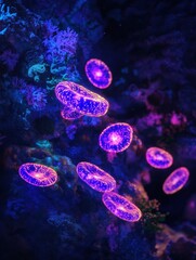 Poster - Glowing bacteria illuminated by UV light create a stunning display in a dark underwater environment. Generative AI