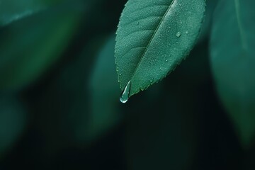 Wall Mural - A close-up of a green leaf with dewdrops, showcasing natural beauty and freshness.