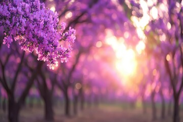 Wall Mural - A beautiful grove of purple flowers bathed in soft sunlight during sunset.