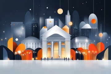 A vibrant digital illustration of a festival outside Theatre Vltava, featuring colorful decorations, performers, and the building as the centerpiece