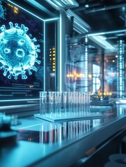Leinwandbilder - Modern laboratory featuring test tubes and glowing monitors displaying virus imagery during a research session. Generative AI