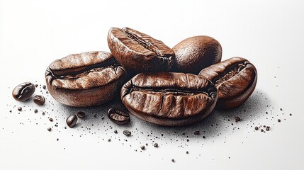 Roasted coffee beans with grounds isolated on white background.