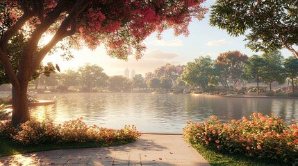 Wall Mural - Lake view with sunlit trees and city backdrop.