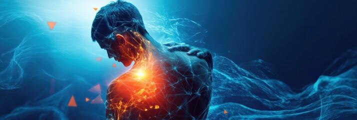 Leinwandbilder - Person experiences discomfort with abstract waves and geometric shapes symbolizing pain in a dynamic environment. Generative AI