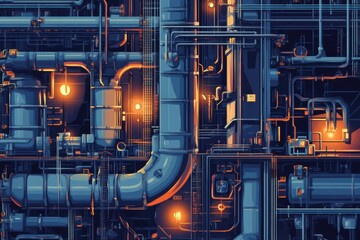 Poster - Industrial geometric pattern showcasing interconnected pipes, oil tanks, and rigs in a complex arrangement. Generative AI