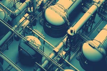 Poster - Geometric industrial pattern showcasing oil tanks, pipes and rigs in a complex network. Generative AI