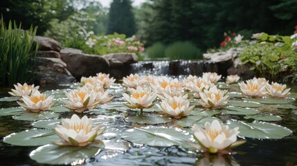 Wall Mural - Lilypads float in pond, with mini waterfall, garden background.