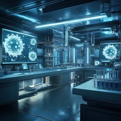 Leinwandbilder - Modern laboratory featuring advanced equipment and illuminated displays of viral imagery in a research setting. Generative AI