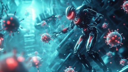 Fototapete - Robots neutralizing viruses in a futuristic environment with advanced technology. Generative AI