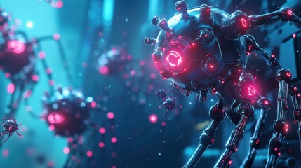 Fototapete - Robots neutralizing viruses in a futuristic laboratory environment demonstrating advanced technological capabilities. Generative AI