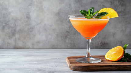 Wall Mural - Refreshing cocktail in unique glass with vibrant orange color and mint