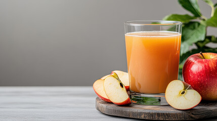 Wall Mural - Fresh apple juice with slices and whole apples on wooden board