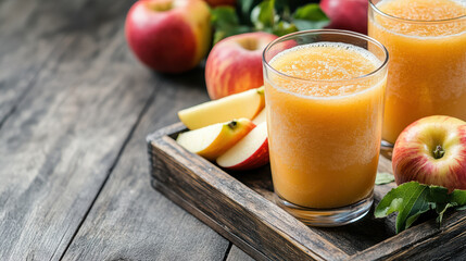 Wall Mural - Fresh apple juice with slices and whole apples on wooden tray