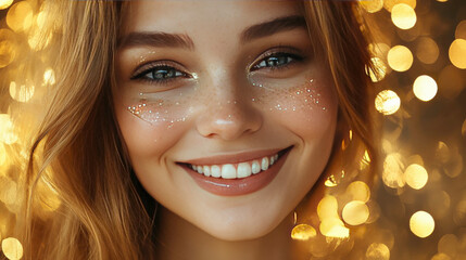 Wall Mural - Radiant Young Woman with Glitter on Face Smiling Cheerfully Against a Warm Bokeh Background Filled with Soft Golden Lights