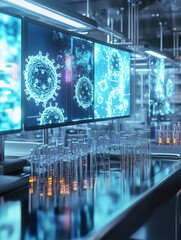 Aufkleber - Modern laboratory equipped with test tubes and glowing monitors showing virus imagery for scientific research. Generative AI