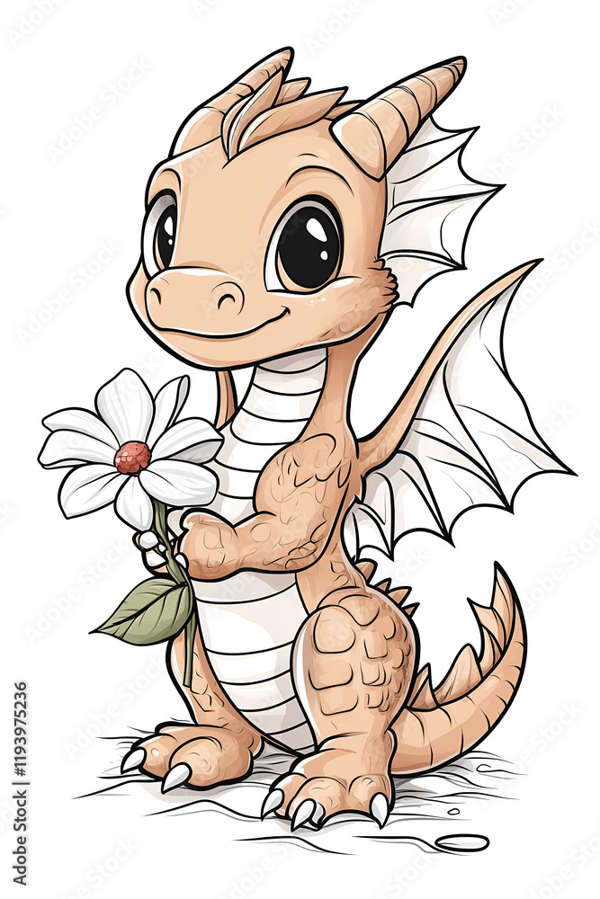 Cute cartoon dragon holding a flower coloring page for kids with crisp ...