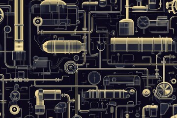 Poster - Geometric industrial pattern showcasing interconnected oil tanks and piping systems in a modern facility. Generative AI