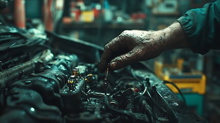 A close-up of a mechanic replacing spark plugs in a car engine, realistic grease-stained hands, blurred background of a cluttered workshop, vibrant lighting, sharp details on the tools and components,