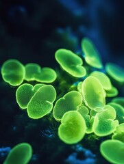 Aufkleber - Glowing bacteria showcase vibrant bioluminescence under UV light in a dark environment. Generative AI