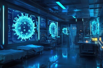 Aufkleber - Modern laboratory featuring glowing monitors and test tubes visualizing viral structures in a high tech environment. Generative AI