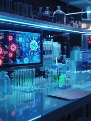 Fototapete - Modern laboratory containing test tubes and glowing monitors displaying virus imagery in a high tech environment. Generative AI