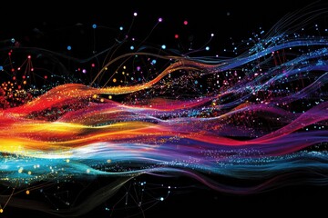 Leinwandbilder - Vibrant energy lines and dots flowing together to represent dynamic communication and data exchange in a digital space. Generative AI