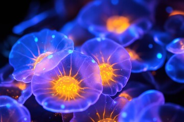 Poster - Glowing bacteria illuminate wetland environment under ultraviolet light at night, showcasing vibrant colors and unique forms. Generative AI