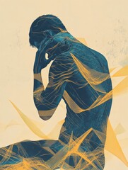 Leinwandbilder - Person expressing physical discomfort with abstract waves and shapes conveying pain and distress in a stylized setting. Generative AI