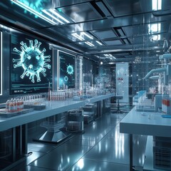 Leinwandbilder - Modern laboratory featuring advanced technology with test tubes and monitors displaying virus graphics. Generative AI