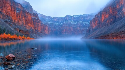 Wall Mural - Misty lake reflecting colorful canyon walls at sunrise.