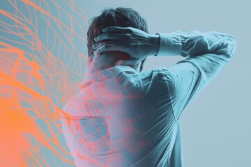 Leinwandbilder - Person experiencing pain while holding their head surrounded by abstract waves and sharp shapes in a stylized representation. Generative AI